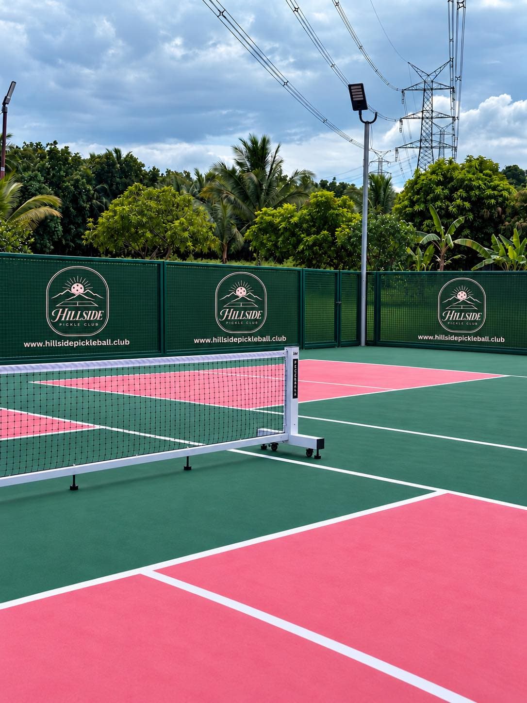 Pickleball court with Hillside branding along the fence