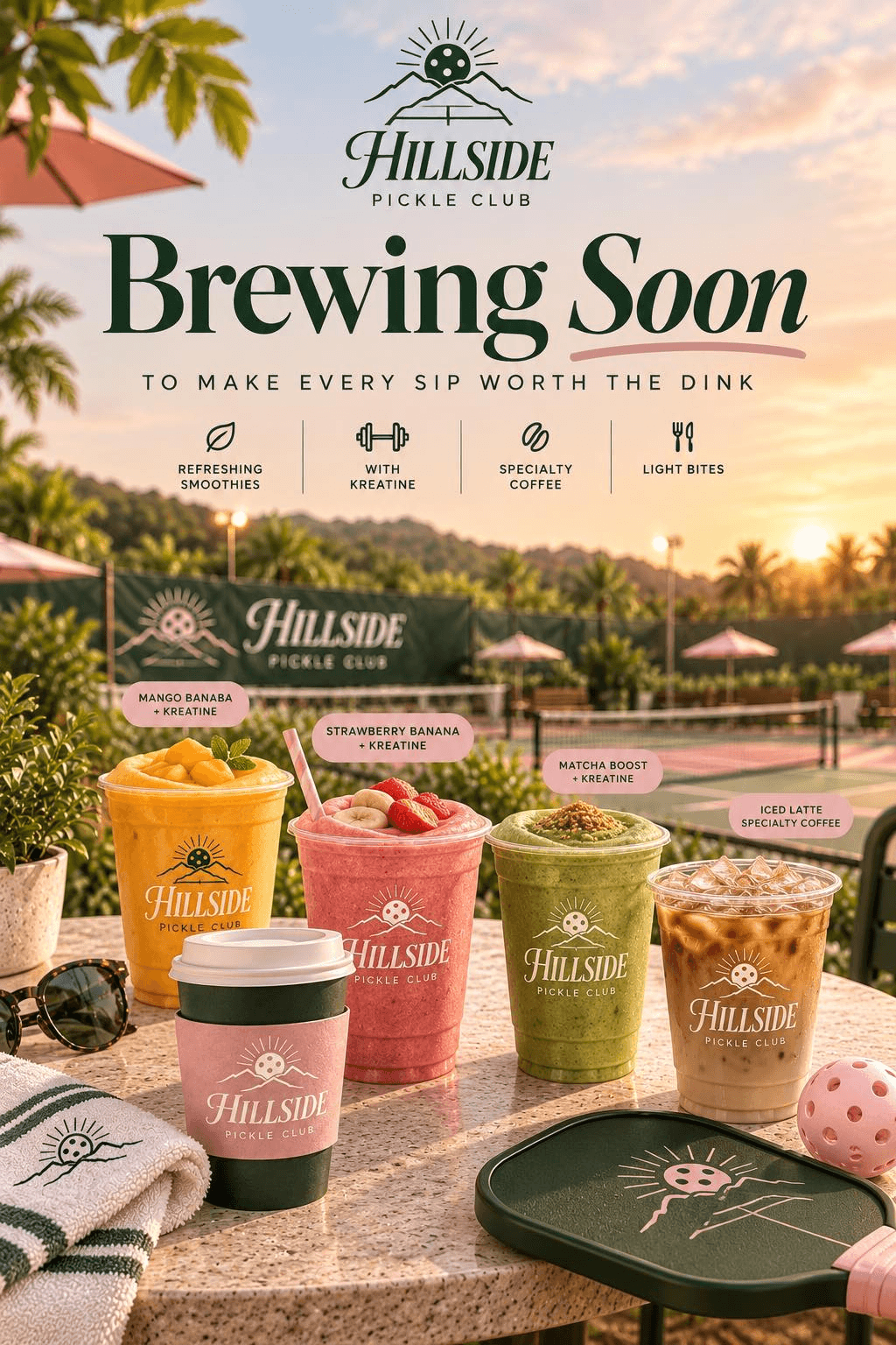 Hillside Brewing Soon poster featuring fruit smoothies, matcha, iced coffee, and light bites